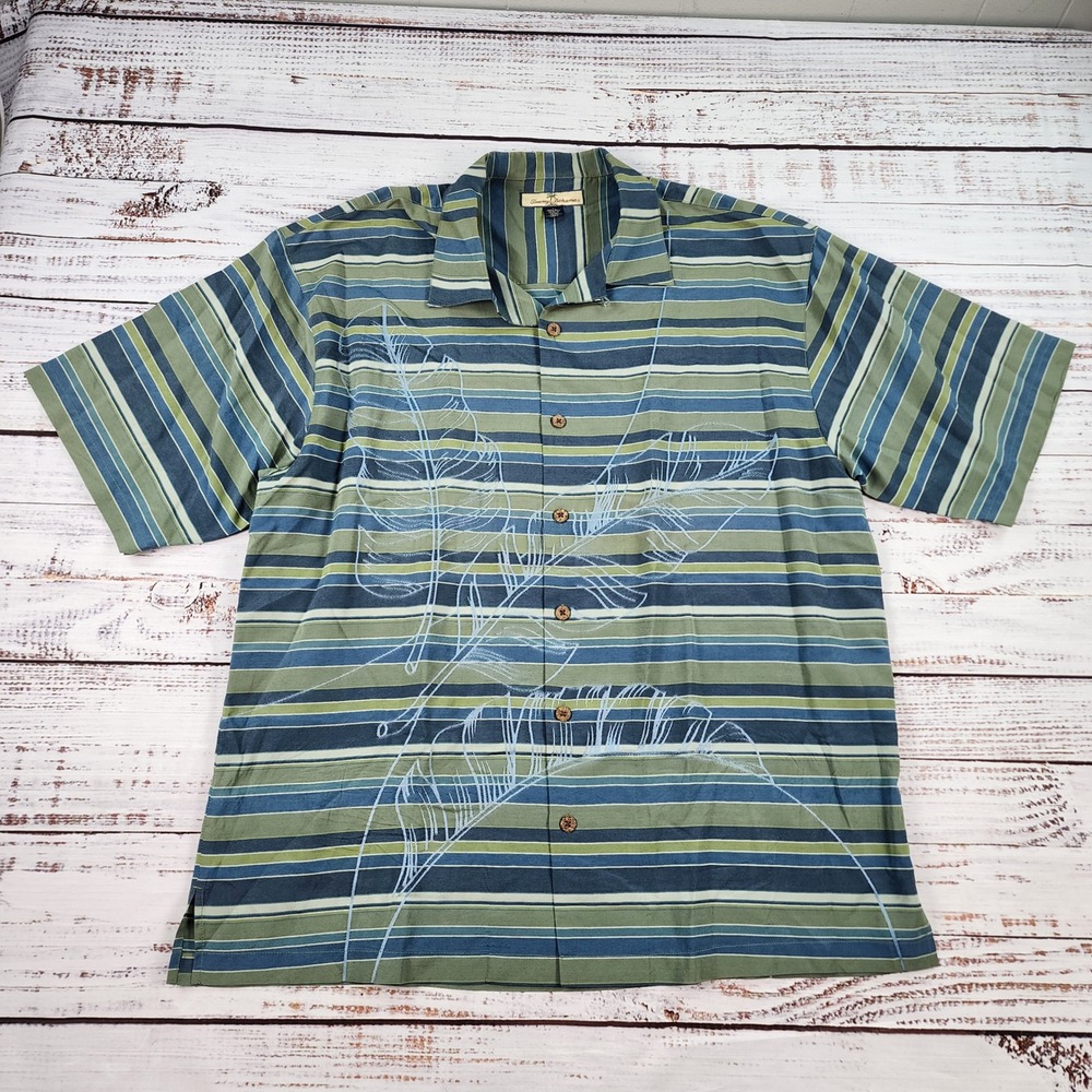 Tommy Bahama Palm Leaf Striped Camp Shirt Mens L Green Blue Silk